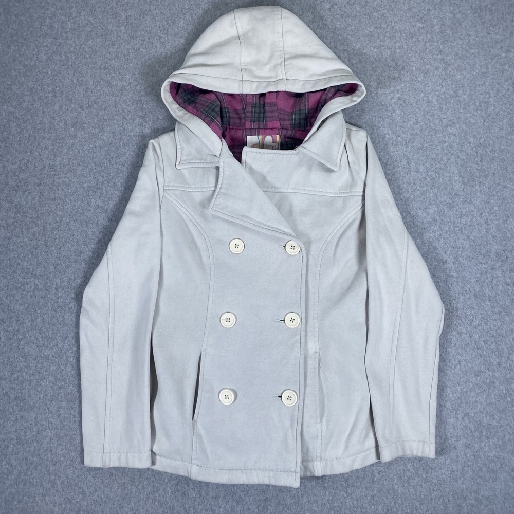 OP Peacoat Jacket Womens Small White Plaid Lined Hooded Double Breasted